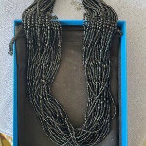 Beaded Silver Tone Black Stranded Fashion Necklace - Brand New